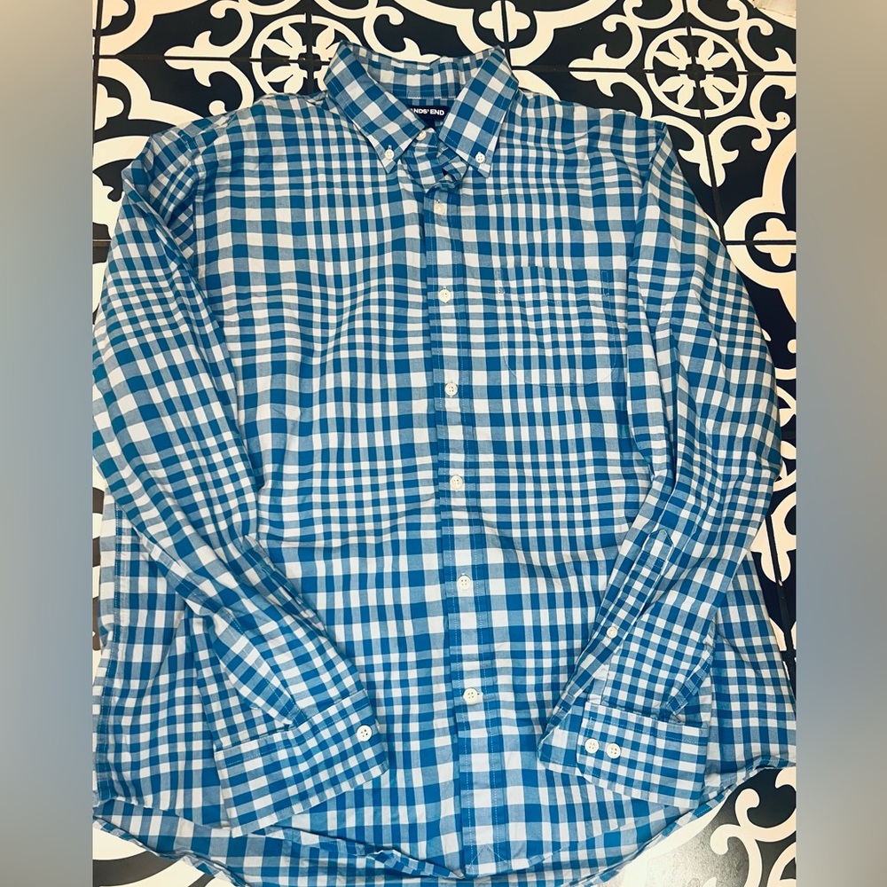 Lands' End Blue and White Checkered Men's Shirt size L